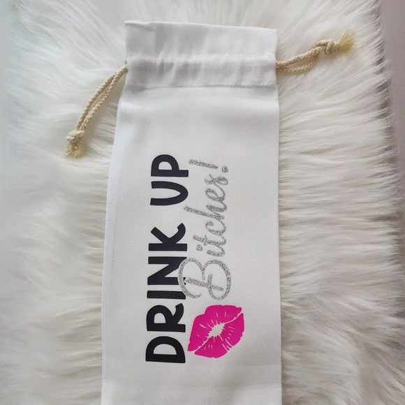 Wine Bag Drink Up Bitches Drawstring Bottle Bag - White with Pink Lip - Picture 1 of 4